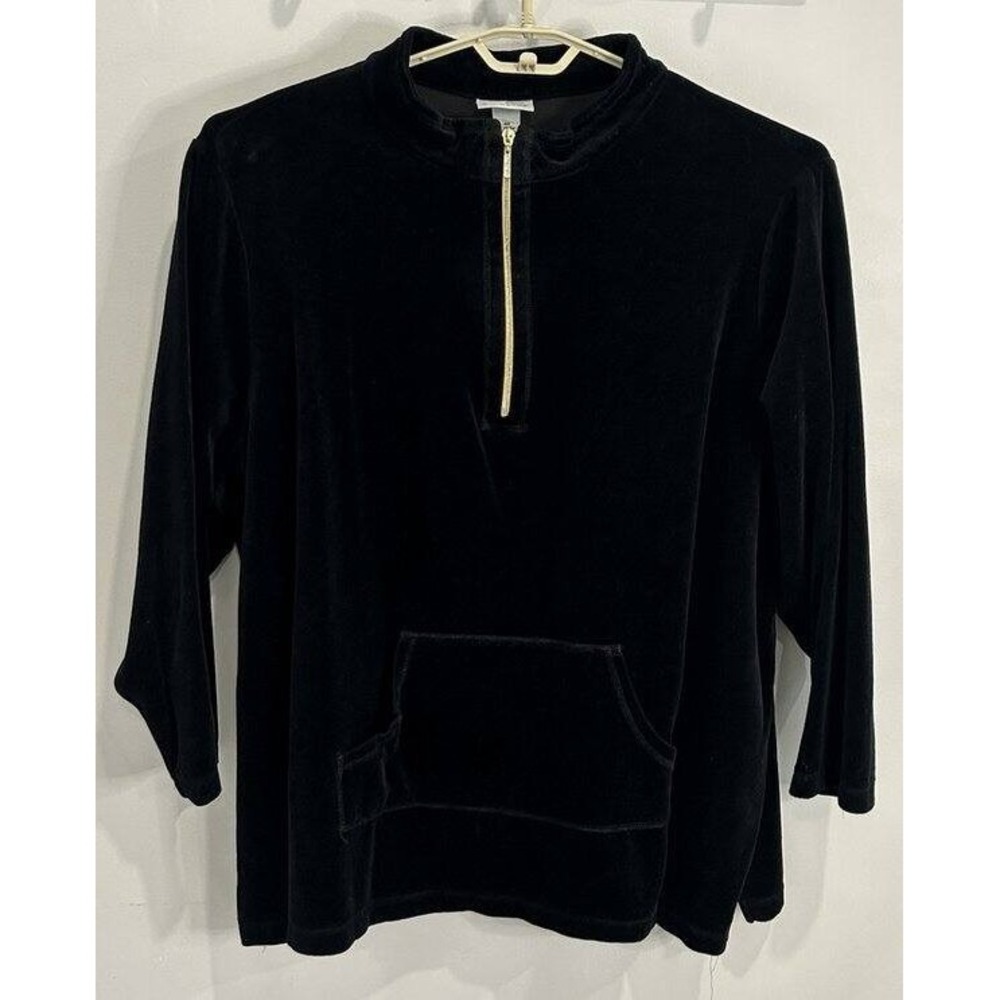 Catherines Black Velvet 1/4 Zip Gold Trim Tunic Shirt Front Pocket 4X 30W 32W